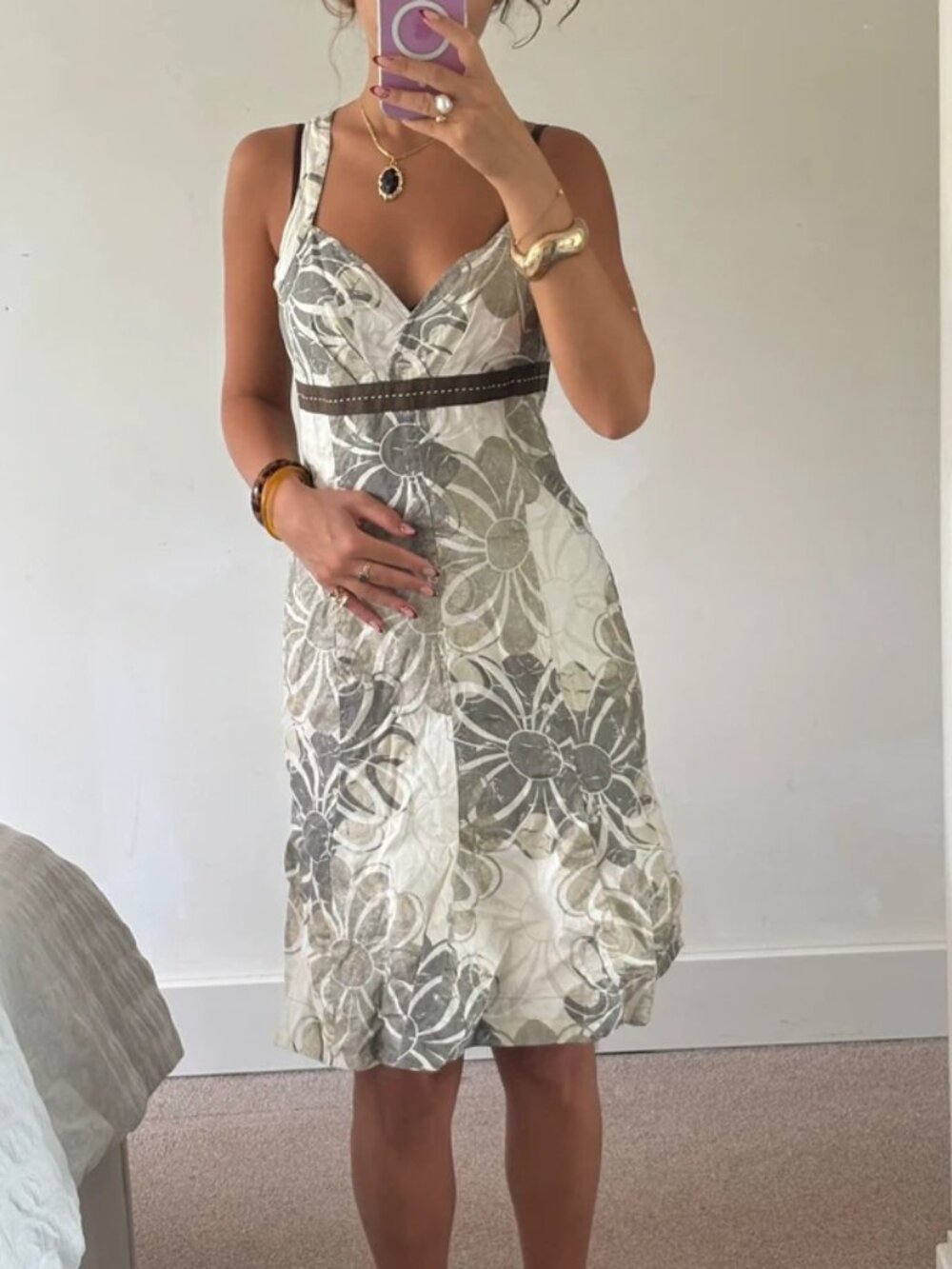 Floral Lace-Overlay V-Neck Sundress in White and Gray